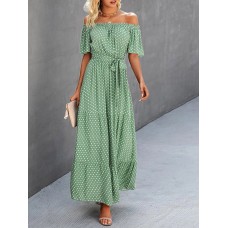 Dot Print Off Shoulder Short Sleeve Dress With Belt