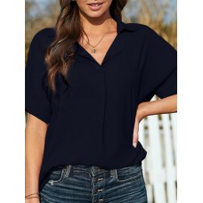 Solid Lapel Half Sleeve Casual Blouse