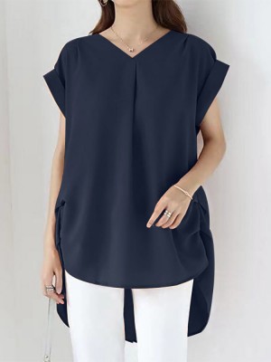 Solid Ruched Short Sleeve V Neck Casual Blouse