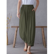 Solid Elastic Waist Drawstring Pocket Cotton Casual Pants