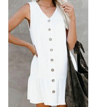 Cotton Solid Button Ruffle Sleeveless V Neck Casual Dress