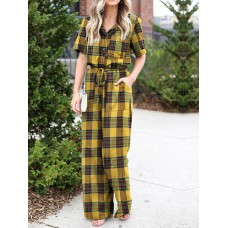 Plaid Print Button Pocket Short Sleeve Wide Leg Jumpsuit