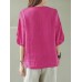 Solid Button Pocket V Neck Half Sleeve Casual Cotton Blouse