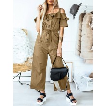 Solid Color Button Pocket Drawstring Off  shoulder Ruffle Casual Jumpsuit