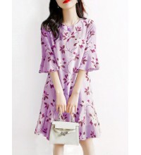 Flower Print Bell Sleeve Crew Neck Keyhole Back Dress