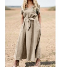 Solid Pocket Sash Short Sleeve Cotton Casual Maxi Dress